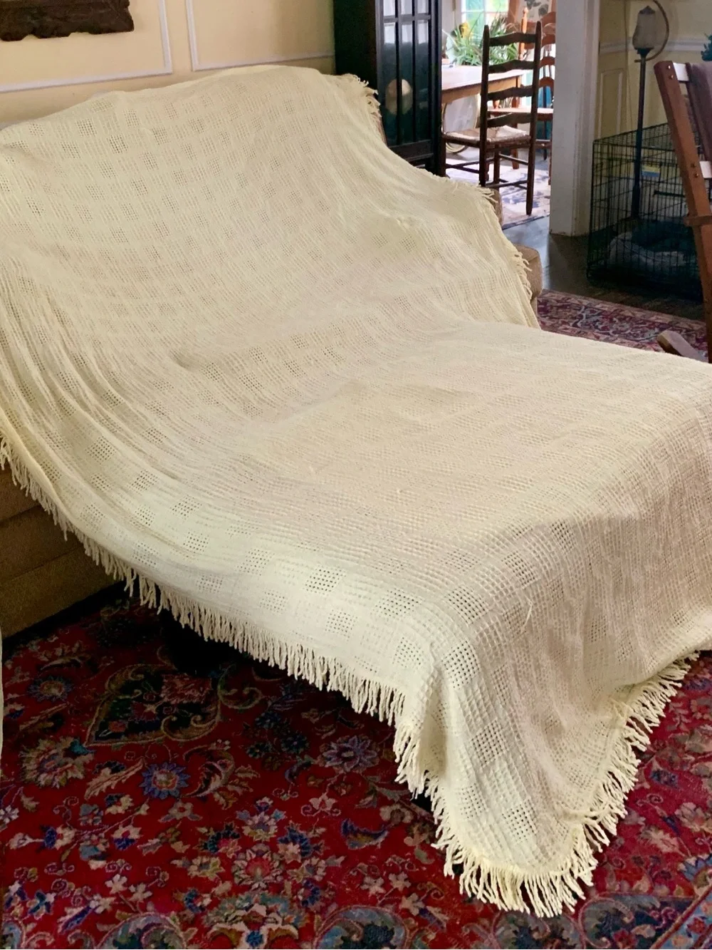 Source Unknown Pale Butter Yellow Waffle Weave Fringe Throw Blanket 108x78”**